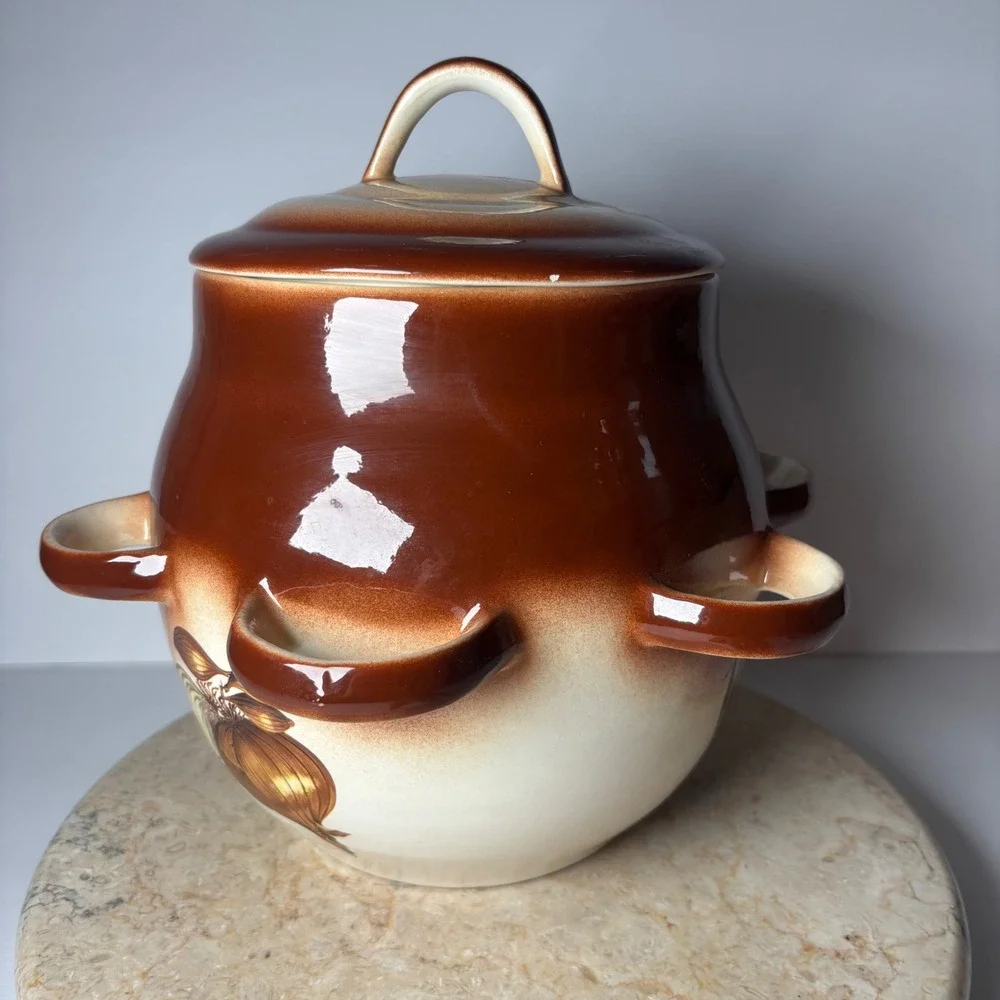 Vintage Ceramic Vegetable Soup Tureen Lidded Bean Pot Brown Cream 6-Handle Large